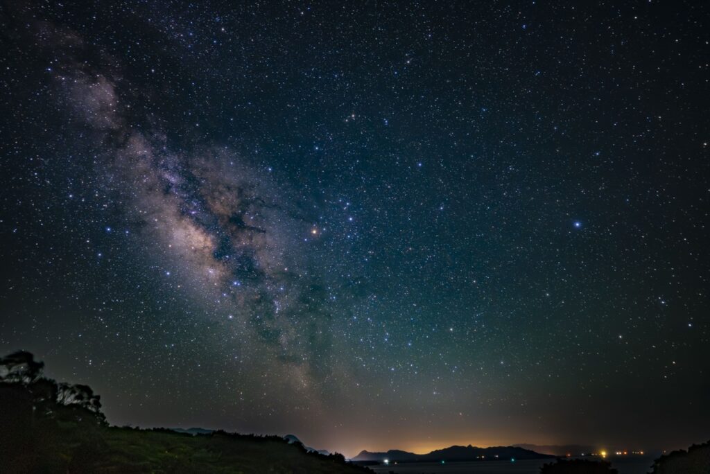 Milky way landscape horizon clear at Nagareboshi no Oka stargazing spot, Ishigaki Island
